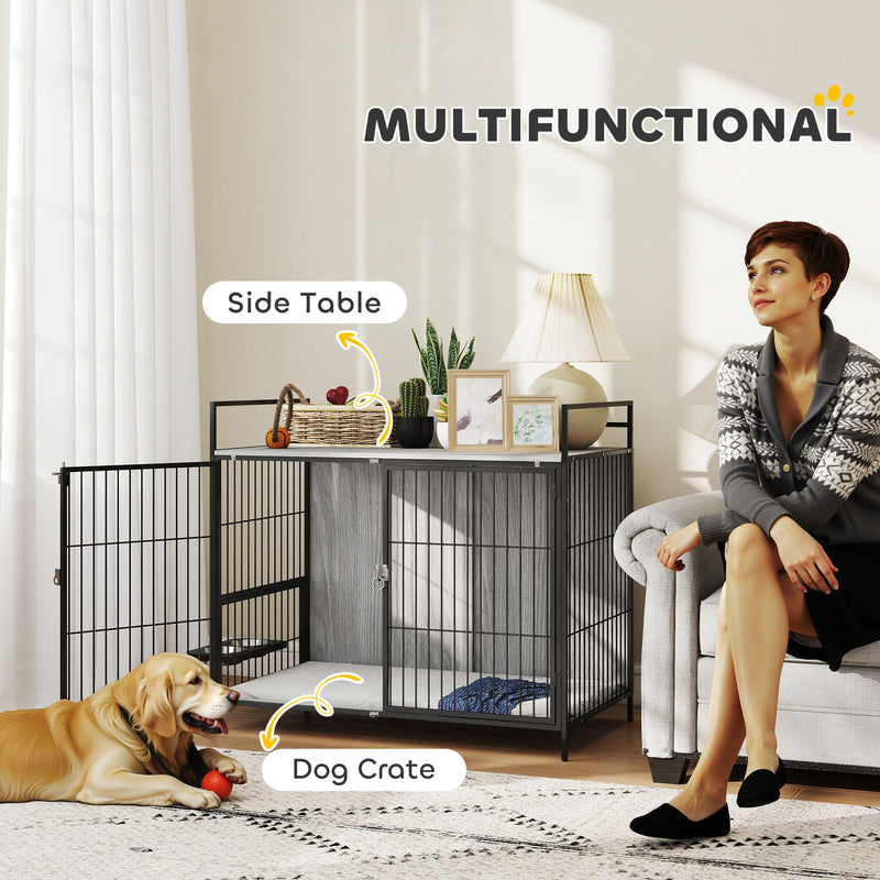 Large Dog Crate Furniture With Rotating Bowl Holder and Double Doors for Indoor Use, Grey