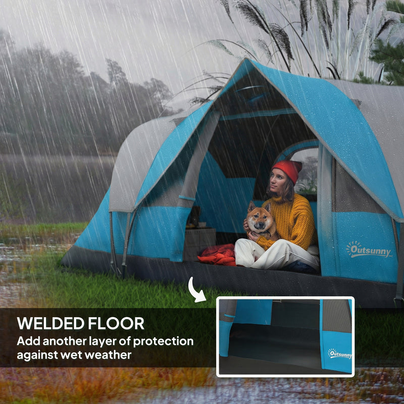 Family Tunnel Camping Tent With Groundsheet, Mesh Windows & Carry Bag, Light Blue