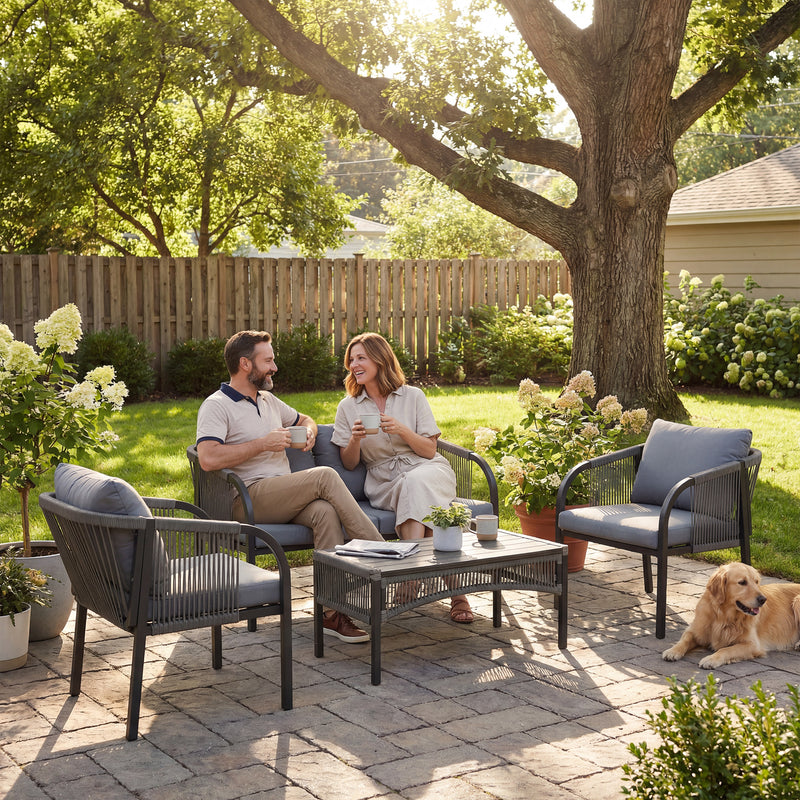 Rattan Garden Furniture Set with Sofa Armchairs and Coffee Table for Outdoor Relaxing, Grey Outsunny
