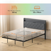 Double Floating Bed Frame with LED Lights, Charging Ports and Storage Shelves, Grey Homcom