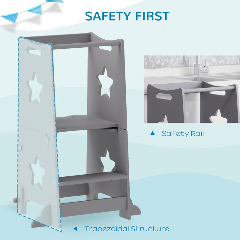 Adjustable Kids Step Stool With Safety Bar Converts to Table and Chair Grey