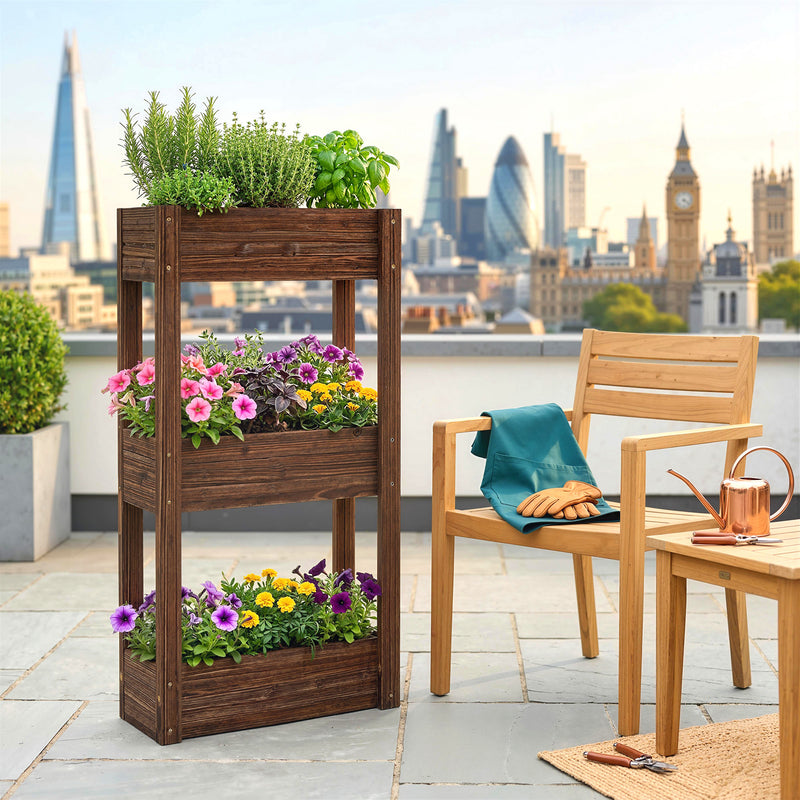Raised Wooden Planter with 3 Tiers for Easy Gardening at Comfortable Height, Carbonised Finish Outsunny