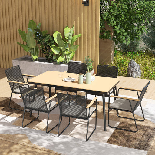 6 Seater Patio Dining Set with Cushions and Rattan Backrest in Wood Finish by Outsunny