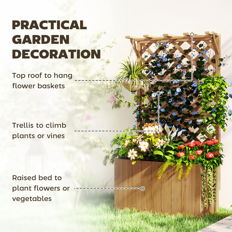 Wooden Planter with Trellis Raised Garden Bed with Liner for Vegetables and Flowers by Outsunny