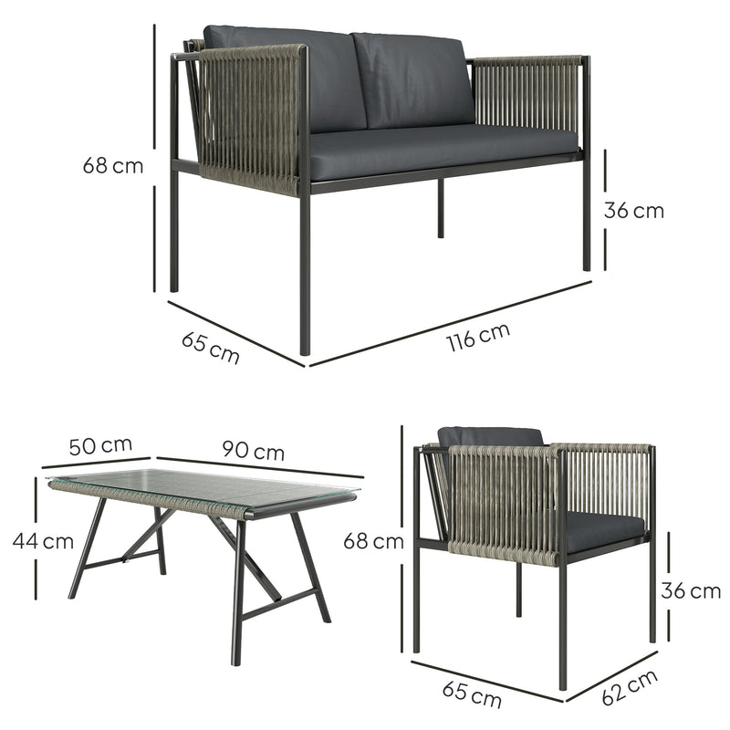 Grey 4 Seater Rattan Garden Furniture Set with Cushions and Glass Table by Outsunny