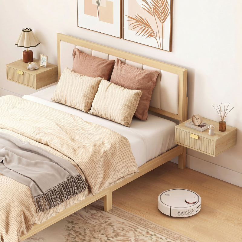 Floating Wall Mounted Bedside Table Set with Drawer for Clutter Free Storage Oak