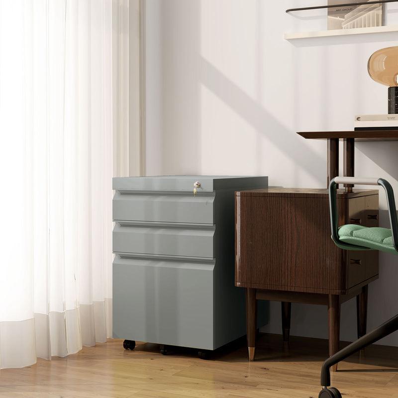 Mobile Metal Filing Cabinet with 3 Drawers and Anti Tilt Design for Home Office, Grey