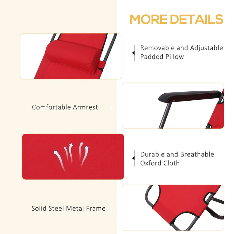Set of 2 Folding Garden Sun Loungers with Reclining Backrest and Head Pillow Red AOSOM