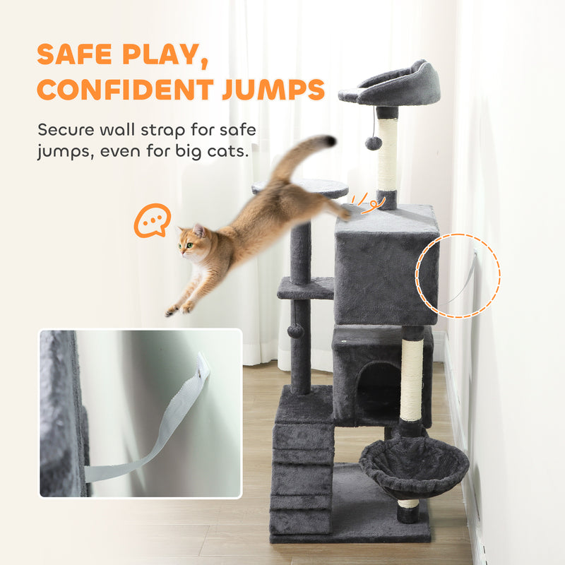 Large 160cm Cat Tree Tower with Hammock Condos Scratching Posts and Ladder Dark Grey AOSOM