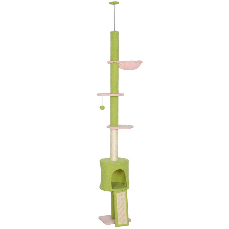 Adjustable Floor to Ceiling Cat Tree with Hammock Condo and Scratching Posts Green AOSOM