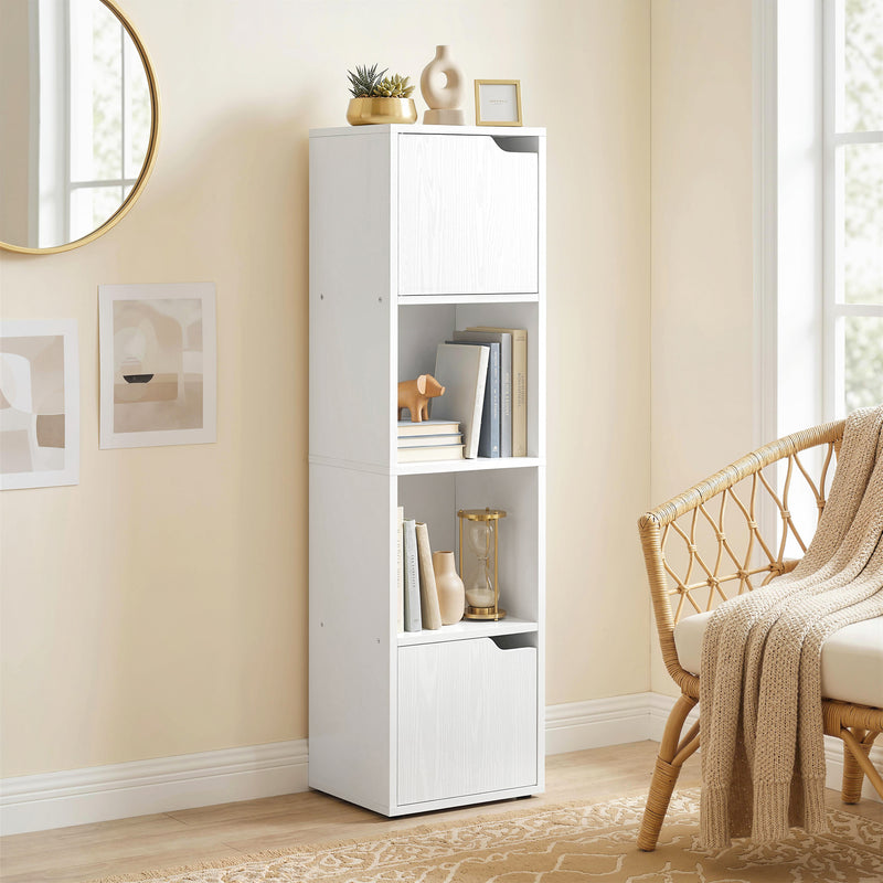 Slim Bookcase with Shelves and Cabinets for Small Spaces White