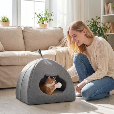 Cat House with Reversible Cushion and Toy Ball for Cosy Indoor Rest Grey White AOSOM