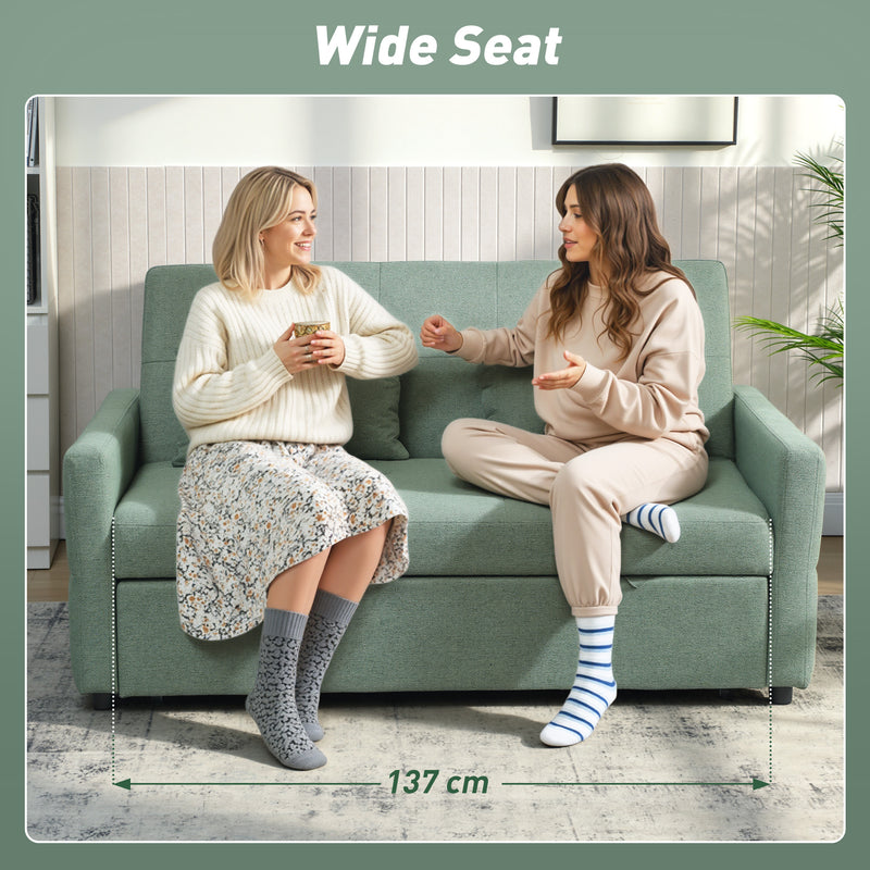 2 Seater Folding Sofa Bed For Small Spaces - 3 Position Reclining Backrest, Green Fabric