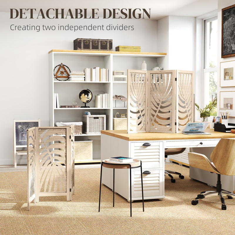 3 Panel Folding Room Divider with Palm Leaf Design for Home Office Privacy, Natural Wood AOSOM