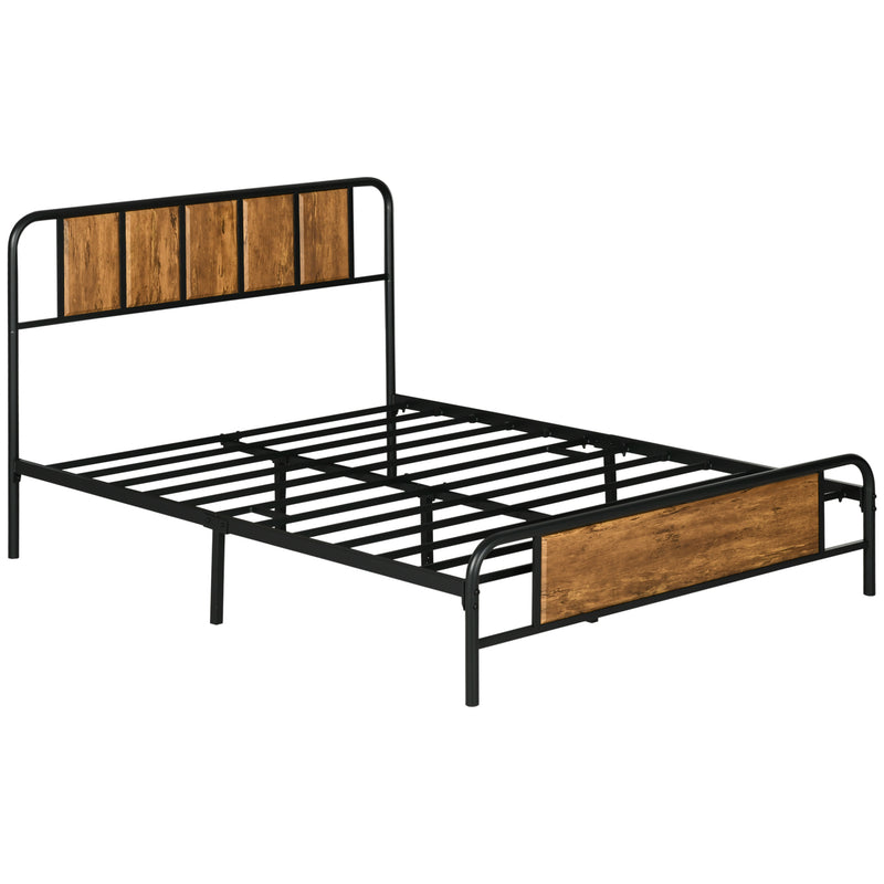 Double Bed Frame with Wood Headboard and Steel Slats for Storage and Support Rustic Brown