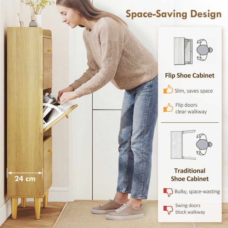 Shoe Storage Cabinet for Narrow Hallways with Adjustable Shelves and Top Shelf Oak Gold AOSOM