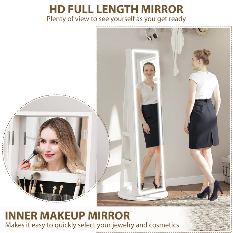 Free Standing Full Length Mirror Jewellery Armoire With LED Lights And Lockable Jewellery Storage White
