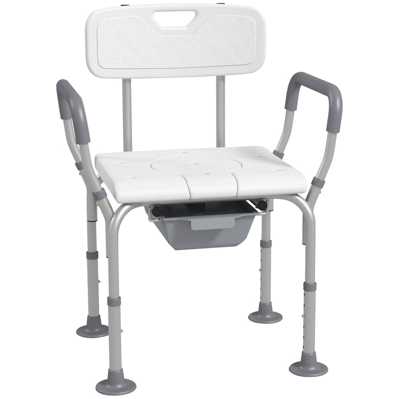 Height Adjustable Shower Stool with Arms Backrest and Removable Commode for Elderly, White