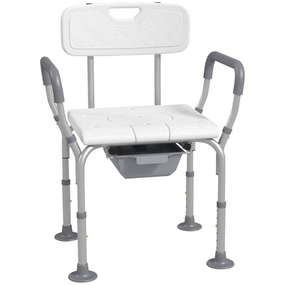 Height Adjustable Shower Stool with Arms Backrest and Removable Commode for Elderly, White