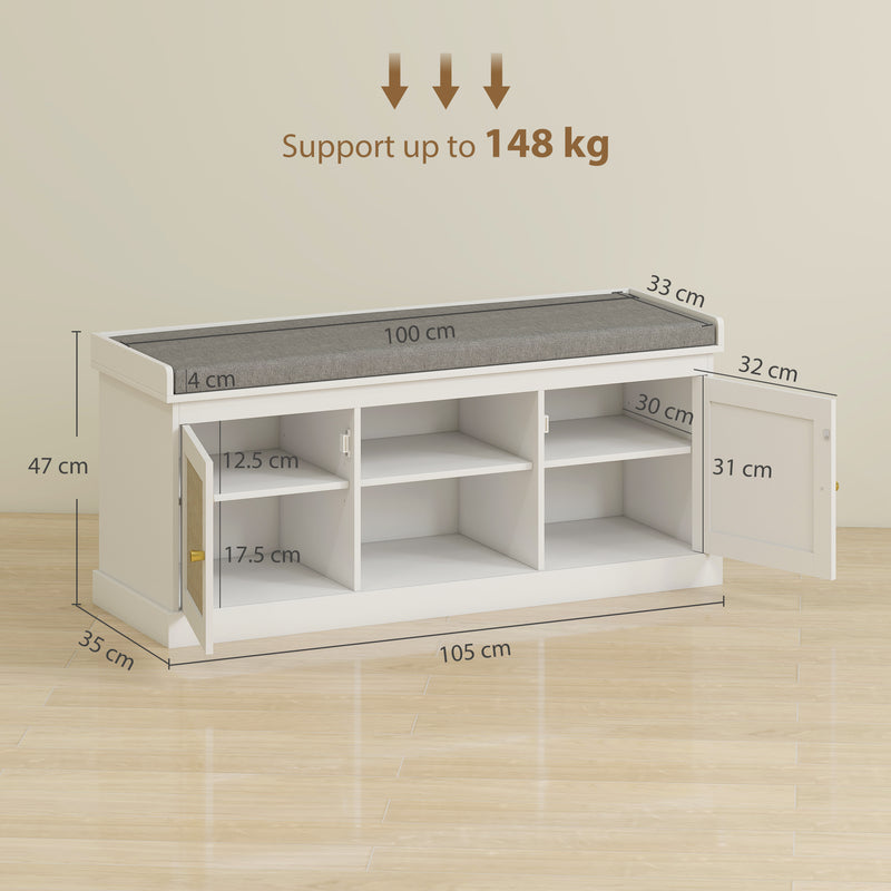 Boho Shoe Storage Bench With Padded Seat and Rattan Cabinet Doors Ideal for Hallway White 105x35x47cm