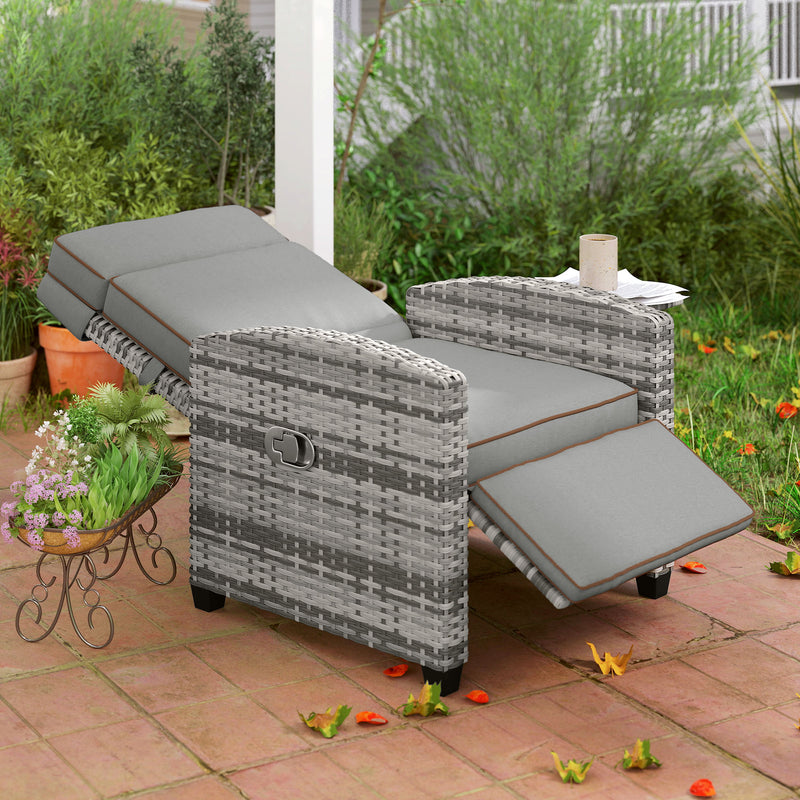 Rattan Garden Recliner Chair with Adjustable Backrest Cushion and Flip Table Mixed Grey by Outsunny