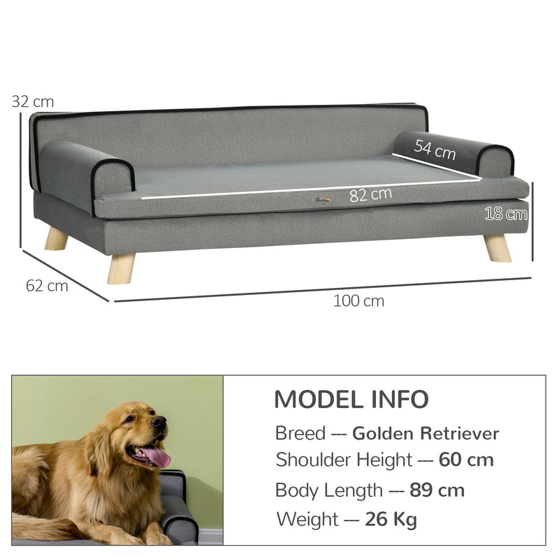 Dog Sofa with Wooden Legs and Water Resistant Cover for Medium and Large Dogs Grey