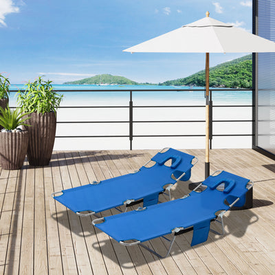 Blue Foldable Sun Lounger Set With Adjustable Backrest and Reading Hole for Garden Use