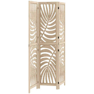 3 Panel Folding Room Divider with Palm Leaf Design for Home Office Privacy, Natural Wood AOSOM