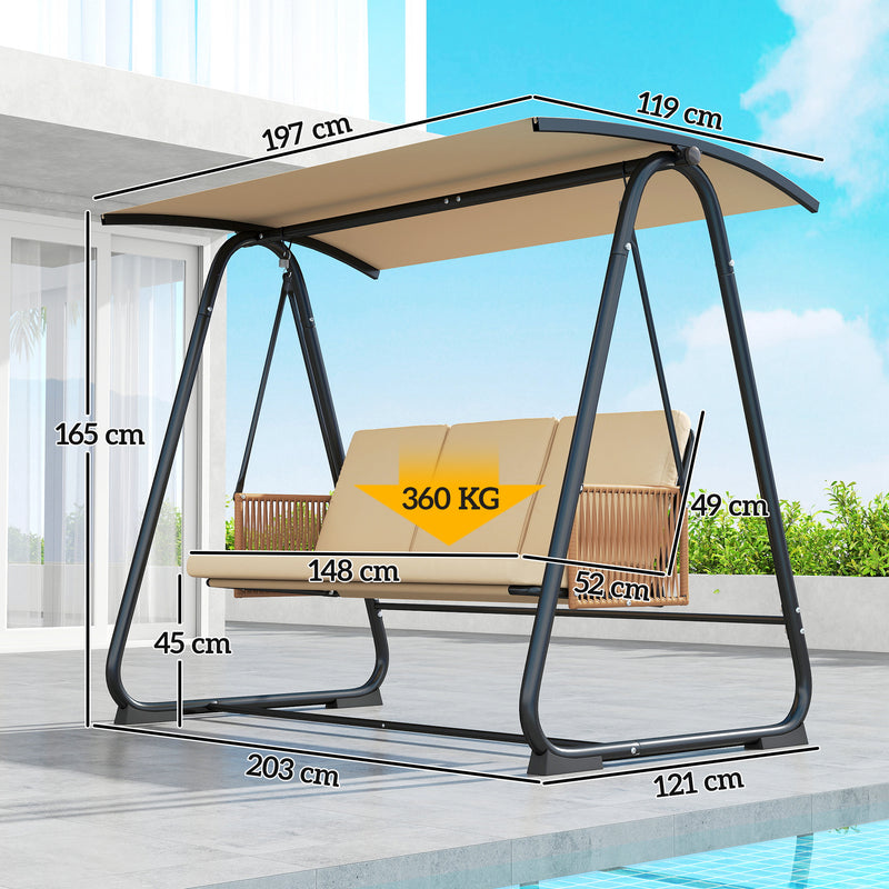 3 Seater Garden Swing Seat with Adjustable UPF30+ Canopy and Cushions for Shaded Outdoor Relaxing Sand Brown