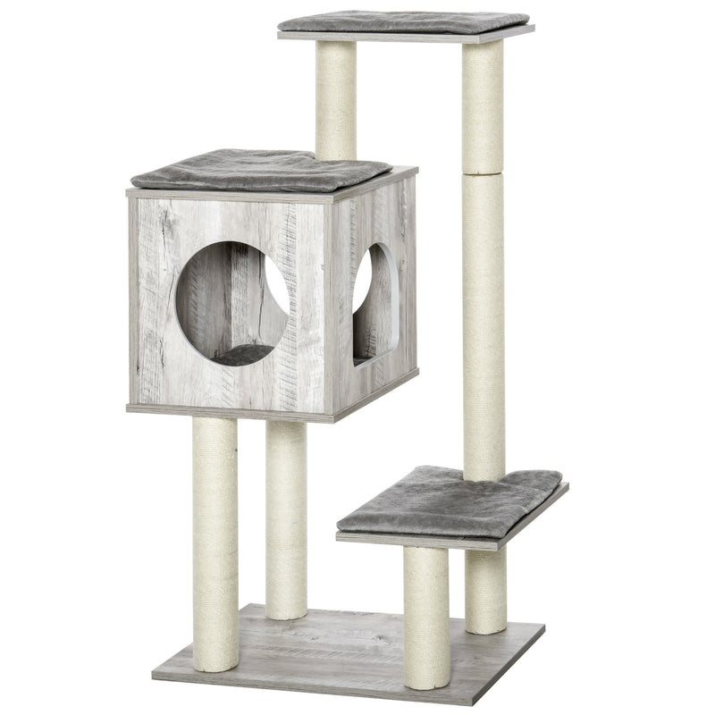 Cat Tree Tower With Jute Scratching Posts And Activity Centre For Large Cats 113cm Grey AOSOM