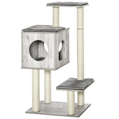 Cat Tree Tower With Jute Scratching Posts And Activity Centre For Large Cats 113cm Grey AOSOM