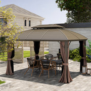 3.65 x 3m Hardtop Steel Gazebo with Aluminium Frame Double Roof Net Sidewalls and Curtains Coffee by Outsunny