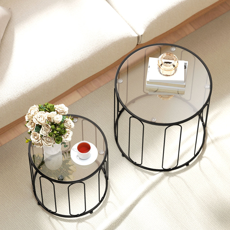 Coffee Tables, Modern Side Tables For Living Room Set of 2 - Tempered Glass & Black Metal Frame