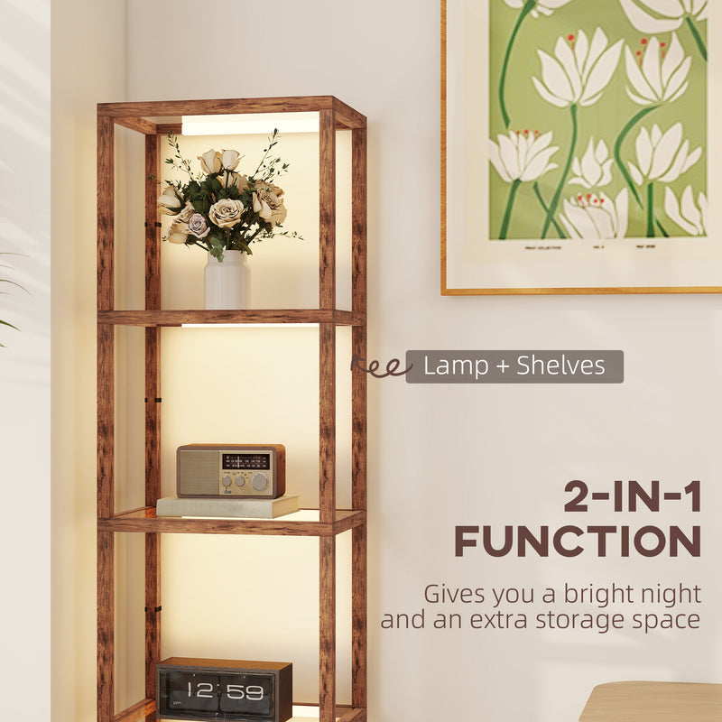LED Floor Lamp with 4 Glass Shelves Dimmable Tall Light for Living Room Rustic Brown
