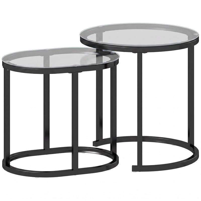 Set of 2 Glass Top Coffee Tables for Extra Living Room Surface Space Black and Clear