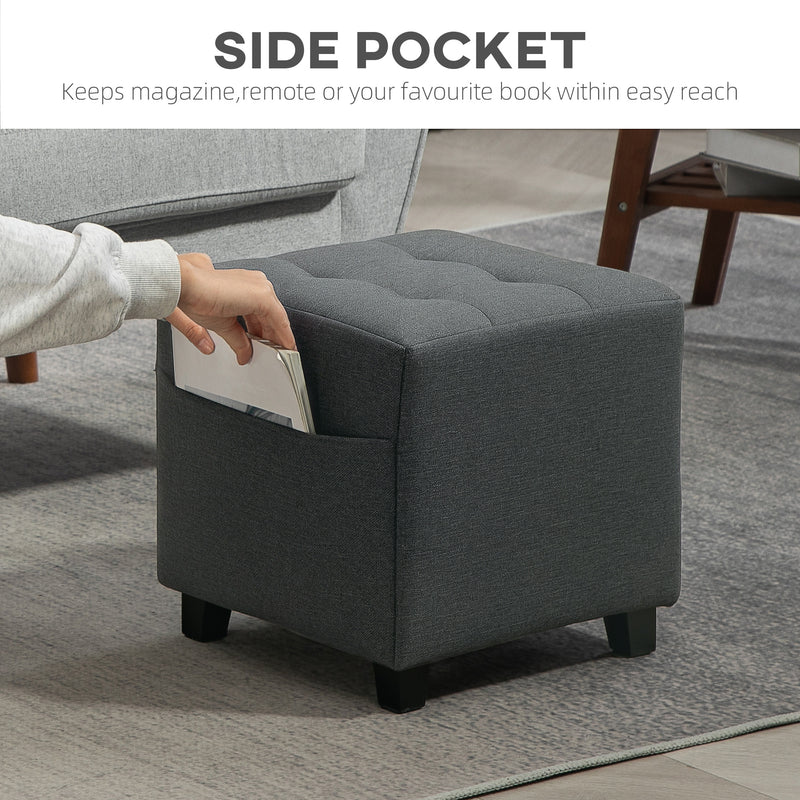 Grey Square Linen Footstool With Side Pocket and Wooden Legs by HOMCOM