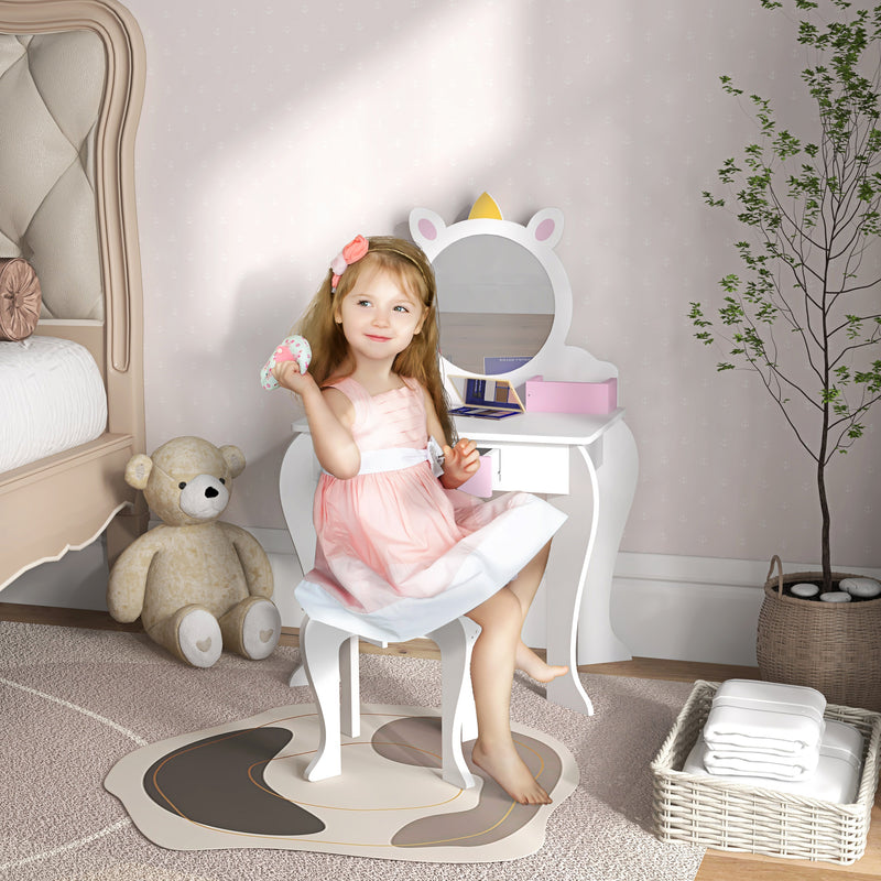 Kids Unicorn Dressing Table Set With Mirror And Stool Ideal For Bedroom Play White