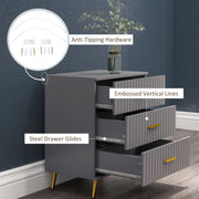 Three Drawer Bedroom Dresser with Embossed Lines for Stylish Storage Grey and Gold