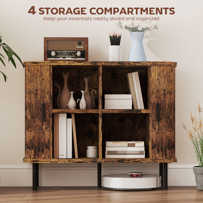 Mid Century Sideboard Storage Cabinet With Sliding Doors And Steel Legs For Kitchen, Rustic Brown