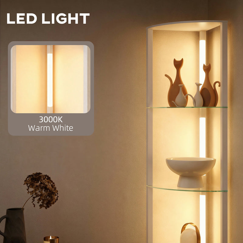 Corner Floor Lamp with 5 Glass Shelves for Display and Soft LED Lighting White Homcom