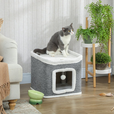 2 Level Indoor Cat House with Top Bed and Hanging Toys Ideal for Multiple Kittens Grey AOSOM