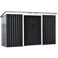 Dark grey 9x4ft metal garden shed with cream trim and closed central double sliding doors, front view
