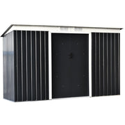 Dark grey 9x4ft metal garden shed with cream trim and closed central double sliding doors, front view