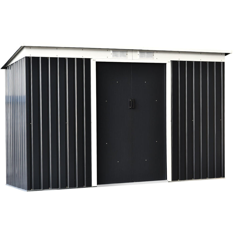 Dark grey 9x4ft metal garden shed with cream trim and closed central double sliding doors, front view