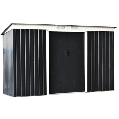 Dark grey 9x4ft metal garden shed with cream trim and closed central double sliding doors, front view