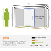 Dimension diagram: 280cm wide, 130cm deep, 172cm tall dropping to 158cm, with a 96 x 152cm door and 266 x 116cm inner storage
