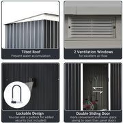 Feature panel showing the tilted roof, two louvred ventilation openings, the padlock-ready handles and the double sliding doors