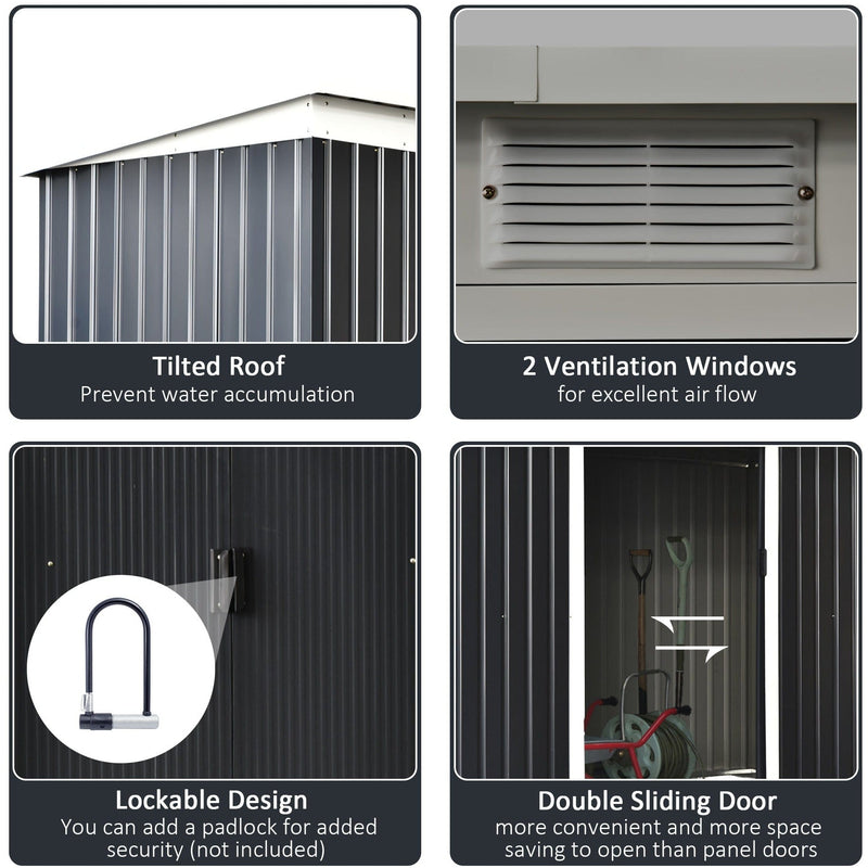 Feature panel showing the tilted roof, two louvred ventilation openings, the padlock-ready handles and the double sliding doors