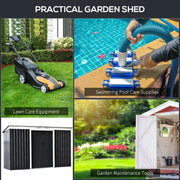 Uses panel showing the shed storing lawn care equipment, pool cleaning kit and garden maintenance tools