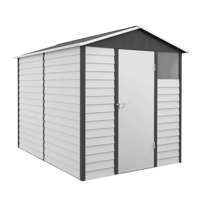 Image of a 9 by 6 foot white metal garden shed with attractive panelling and an apex roof 